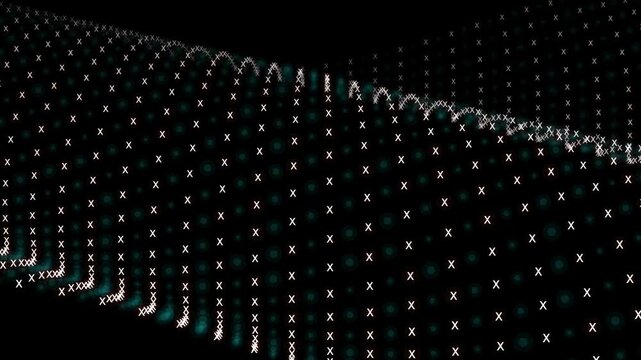 A perspective view of a digital terrain formed by glowing white 'X' markers and soft teal circular pulses, waving like a sea of data.