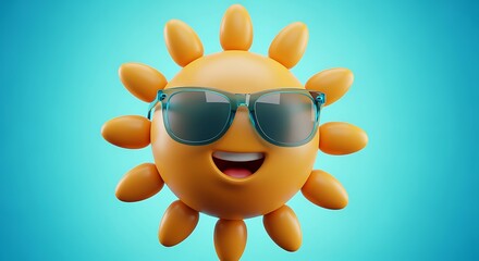 Fototapeta premium Yellow smiling sun with sunglasses on blue background smile
