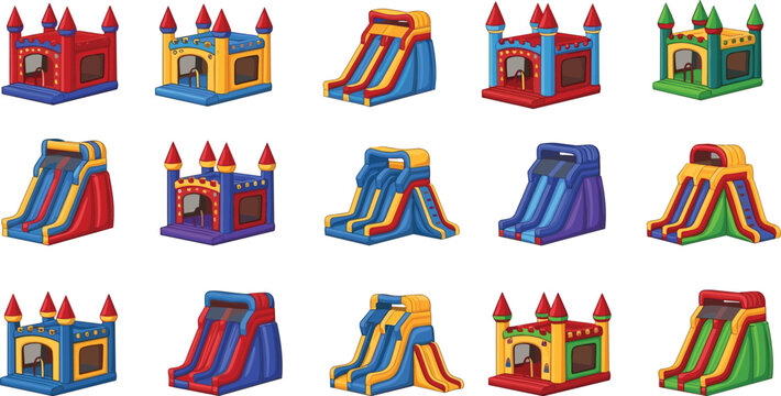 Collection of colorful inflatable bouncy castles and exciting backyard slides isolated on a clean white background for children's party rental and entertainment business design.