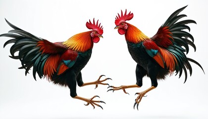 Fototapeta premium Two roosters fighting midair. Roosters display colorful feathers and sharp claws. This image represents conflict, aggression, and farm life symbolism. Action pose.