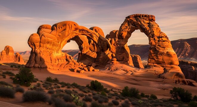 Landscape of North Window Arch and Turret Arch, sandstone formations in Arches National Park, Utah, USA at sunset