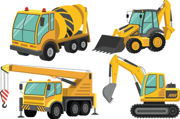 Construction heavy machinery vehicles including cement mixer truck crane excavator backhoe loader equipment set flat vector illustration collection