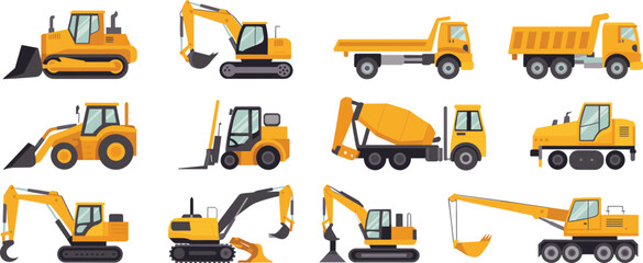 Construction machinery vehicles collection including excavator bulldozer crane dump truck loader and forklift heavy equipment flat vector illustration set