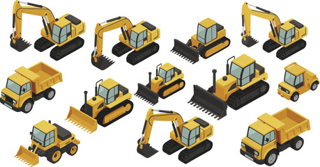 Isometric construction machinery vehicles collection with excavator bulldozer loader and dump truck heavy equipment flat vector illustration set © SreeRupali