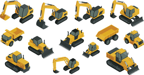 Isometric construction heavy machinery set with excavators bulldozers loaders and dump trucks industrial vehicles flat vector illustration collection © SreeRupali