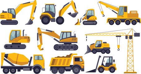 Set of construction heavy equipment vehicles including excavator bulldozer crane dump truck cement mixer forklift backhoe loader flat vector illustration © SreeRupali