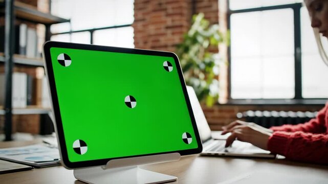 Tablet with a green screen for digital content creation and virtual presentation