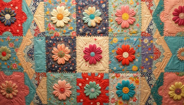 Colorful patchwork quilt features fabric squares with floral patterns and stitched applique flowers. Blocks display sewing stitches and geometric shapes in vibrant, cosy designs. Handmade textile art.