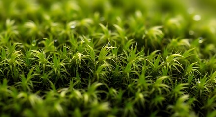 Fototapeta premium Vibrant green moss carpet with glistening water droplets, showcasing nature's intricate texture and serene beauty