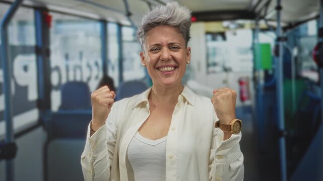 Woman with short hair clenches her fists and grins widely in a brightly lit colorful bus interior; triumph.
