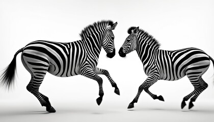 Fototapeta premium Two zebras run side by side in a graceful pose. Their distinctive black and white stripes are clearly visible against a plain background. Dynamic movement captured.