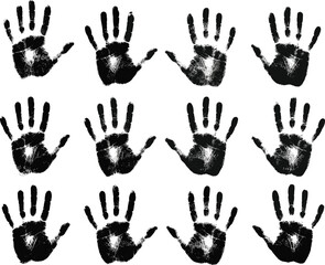 Collection of twelve distressed handprint silhouettes arranged in grid pattern, grunge textured vector illustration design for identity, unity, art projects, and symbolic representation.