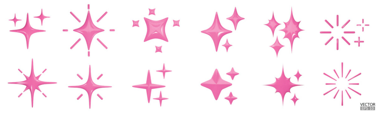 3d pink star sparkle illustration. Sparkles emoji icon. 3D vector illustration.