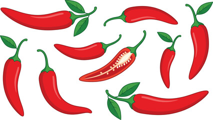 Cartoon collection of nine red chili peppers with green stems, sliced open detail showing seeds, vibrant spicy vegetable illustration for cooking, food design, and agriculture art.