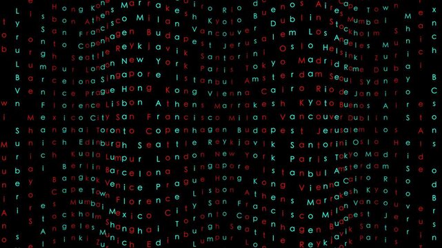 A dense, scrolling wall of global city names in red and teal text, moving with a subtle wave-like distortion.