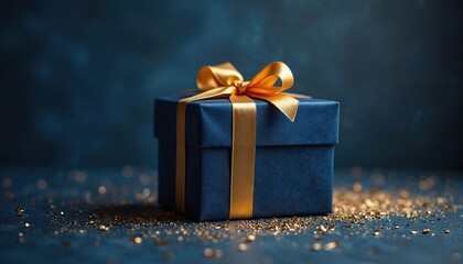 Obraz premium Dark blue gift box with gold ribbon sits on dark surface. Gold confetti sparkles around present. Festive, elegant surprise for special occasion.