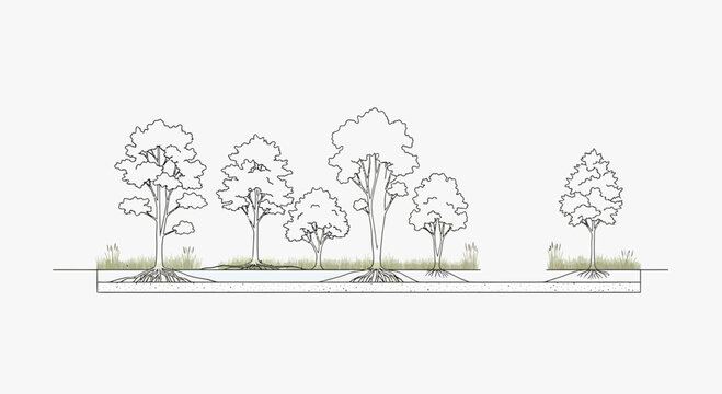 Cross-section illustration of trees and grass with exposed root systems and soil layers.