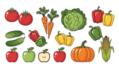 Fototapeta premium Organic Farm Produce Set with Vegetables and Fruits Healthy Food Vector Collection