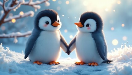 Fototapeta premium Two cute baby penguins stand together holding hands in snowy winter landscape. Soft light sparkles on ice and snow. Adorable fluffy birds feel happy and peaceful in nature.
