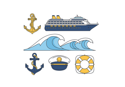 Collection of Nautical Maritime Symbols Including Cruise Ship Anchors Waves Hat and Lifebuoy Isolated on White Background for Marine Themed Design