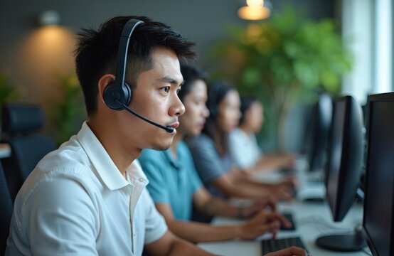 Young Asian man wears headset working computer. Team works in call center office with computers and plants. People provide customer support service.