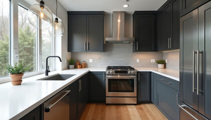 Fototapeta premium Modern gray kitchen features dark cabinets stainless steel appliances and white countertops. Natural light streams through large window illuminating the sink and stovetop.