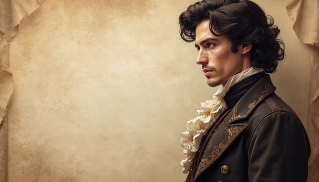 Young man in historical costume with ruffled shirt. Wears dark coat with gold trim. Antique paper backdrop provides vintage feel. Elegant gentleman poses, looking sideways with thoughtful expression.