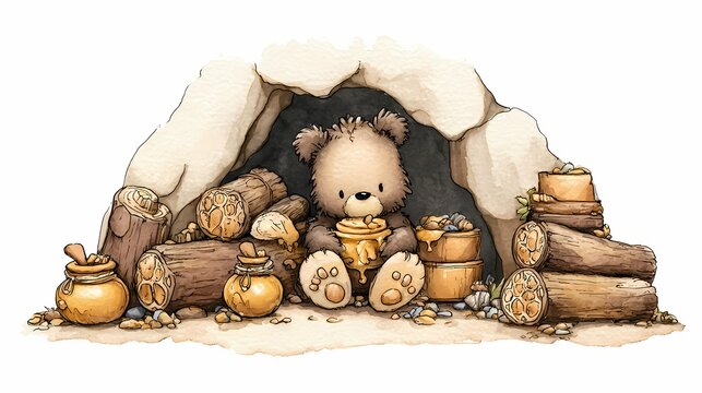 Cute Teddy Bear Sitting in a Cozy Cave with Honey Pots and Logs.
