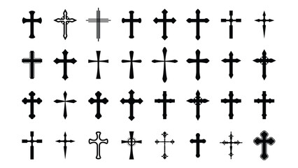 Fototapeta premium Christian Cross Icons Set Collection of Religious Cross Symbols Isolated on Transparent Background