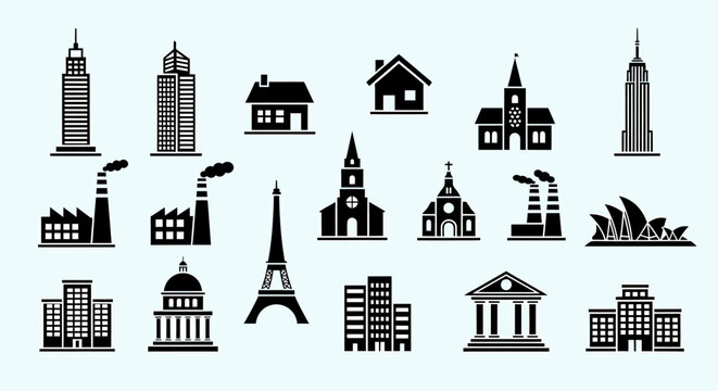 Vector illustration set of city building silhouettes featuring iconic travel landmarks and architecture symbols like towers, churches, and monuments for a creative skyline design