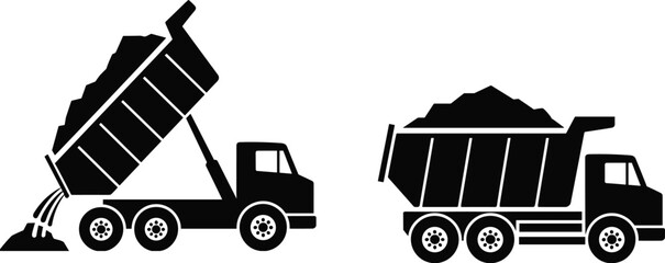 Two black silhouette dump trucks, one unloading dirt, on a white background Keywords: dump truck, vehicle, construction, hauling © MdRayhan