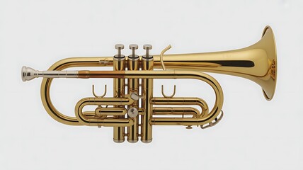 Obraz premium A shiny trumpet displayed on a white background with visible valves and a mouthpiece (4).jpg