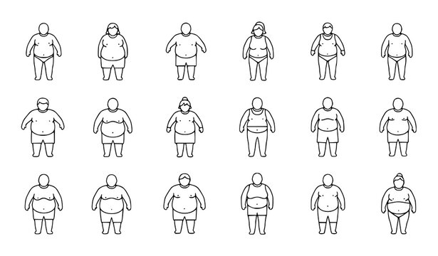 A vector graphic illustration of various obese people in different poses and outfits