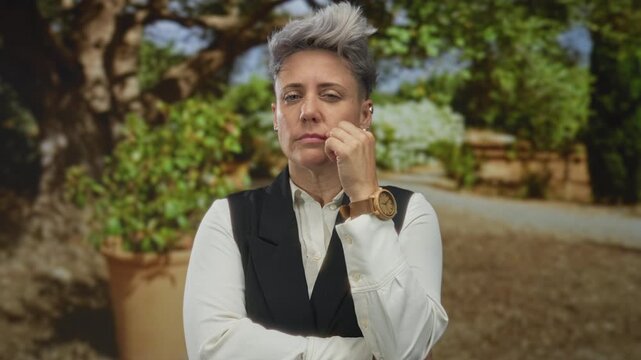 Woman with short grey hair closing her mouth in a sunny green park near a large terracotta plant pot; inner serenity.