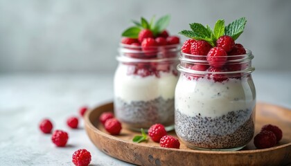 Two jars of chia pudding with fresh raspberries and mint leaves sit on a wooden tray. Creamy dessert layers include chia seeds yogurt and fruit. Healthy breakfast or snack.