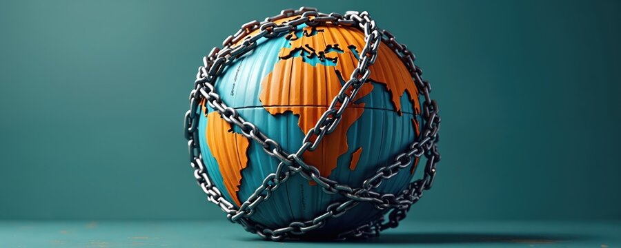 Planet Earth bound by metal chains, tariff symbols. Represents global commerce restrictions, trade barriers, economic limitations impacting international markets. Trade conflict, limitations.