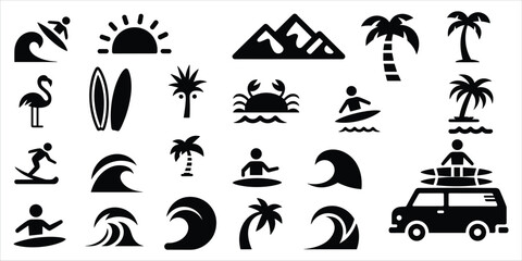 Obraz premium Collection of black and white summer vacation icons on a white background Keywords: summer, vacation, beach, surf, surfing, wave