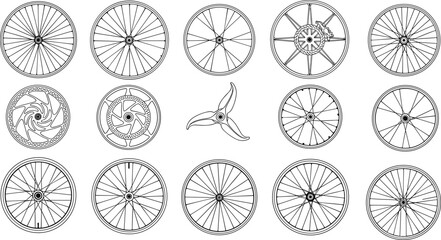 Fototapeta premium Collection of bicycle wheel outlines and a three-bladed propeller on a white background Keywords: bicycle, bike, wheel, wheels