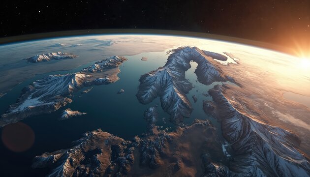 Earth from space shows snow capped mountains and deep blue water fjords. Sun shines on planet surface near thin atmosphere line. Stars visible in dark cosmos.
