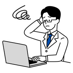 ノートパソコンでの仕事で困っている医師の男性
