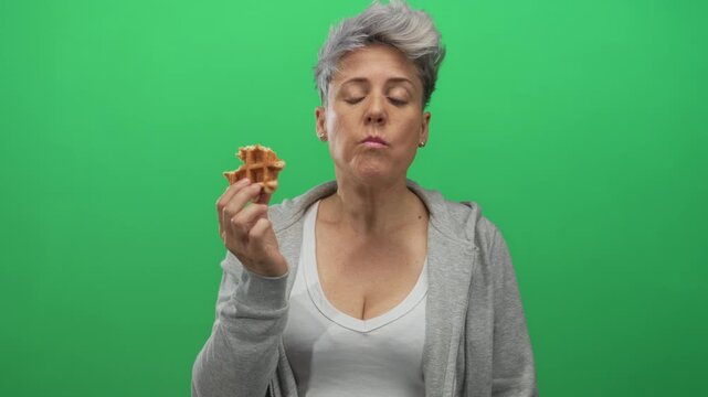 Woman with short gray hair eating a broken waffle piece with closed eyes in green studio closeup capturing a bite moment; satisfaction.