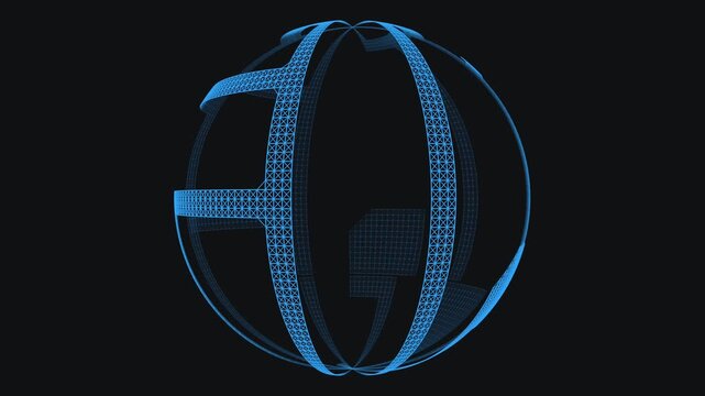 A glowing blue wireframe sphere with segmented, architectural sections rotating smoothly against a black background.
