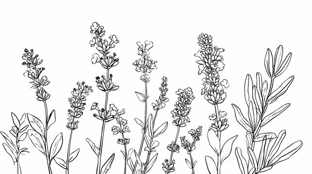 Elegant Line Drawing of Lavender and Rosemary Stems.