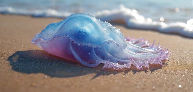 Blue and purple jellyfish, physalia physalis, rests on sandy beach. Ocean wave rolls gently near its translucent body. Marine life washed ashore.
