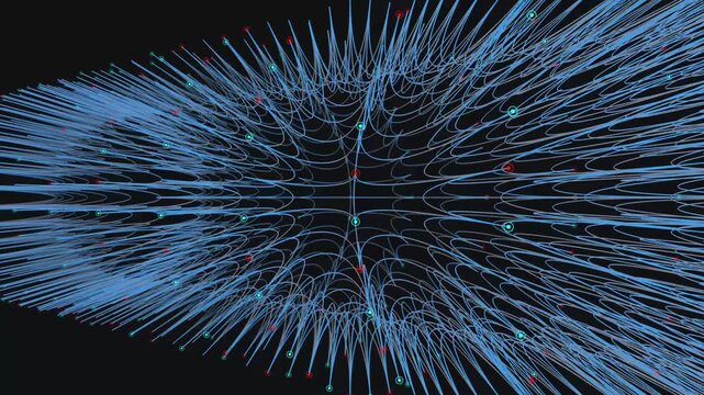 A side-profile view of a complex digital structure that resembles a glowing, technological spool or hourglass. The intricate blue lines stretch outward from a central axis, accented by tiny red and te