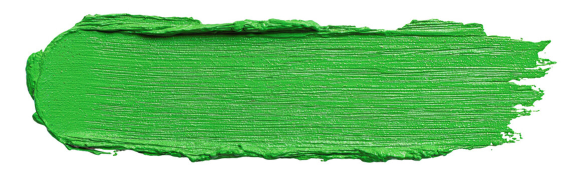 A vibrant, textured stroke of bright green paint on a stark black background