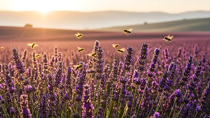 Fototapeta premium Golden Hour Lavender Field with Butterflies in Flight.