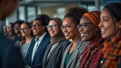 Fototapeta premium Diverse professional team smiling in modern office setting