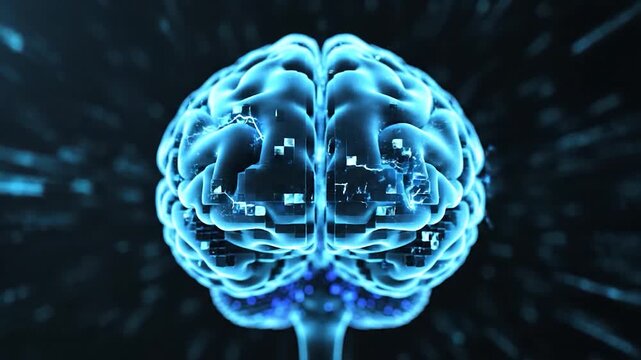Abstract digital brain composed of glowing pixels representing AI and data.