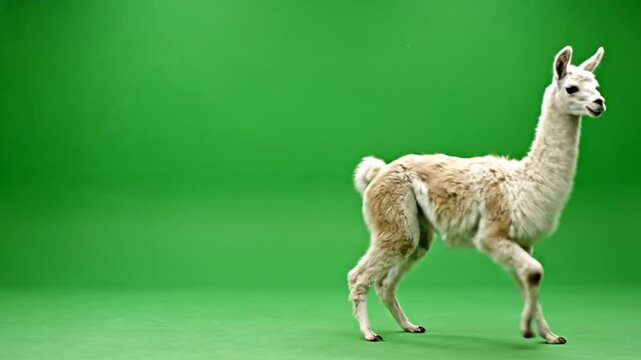 A light-colored young llama walks across a vibrant green screen studio background, captured in a full-body profile shot.